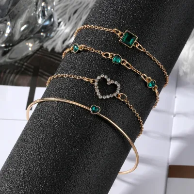 Fashion Green Heart-shaped Square Crystal Bracelet Set (4 pcs)